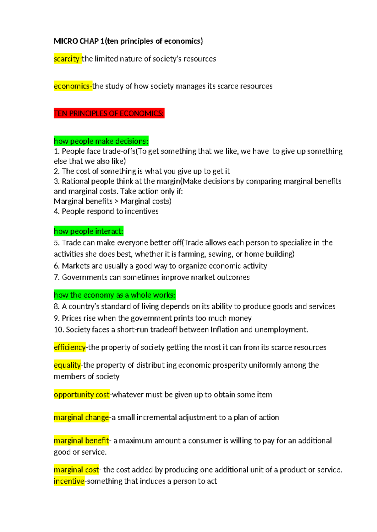 Microeconomics Chapter 1: Ten Principles of Economics Overview - Studocu