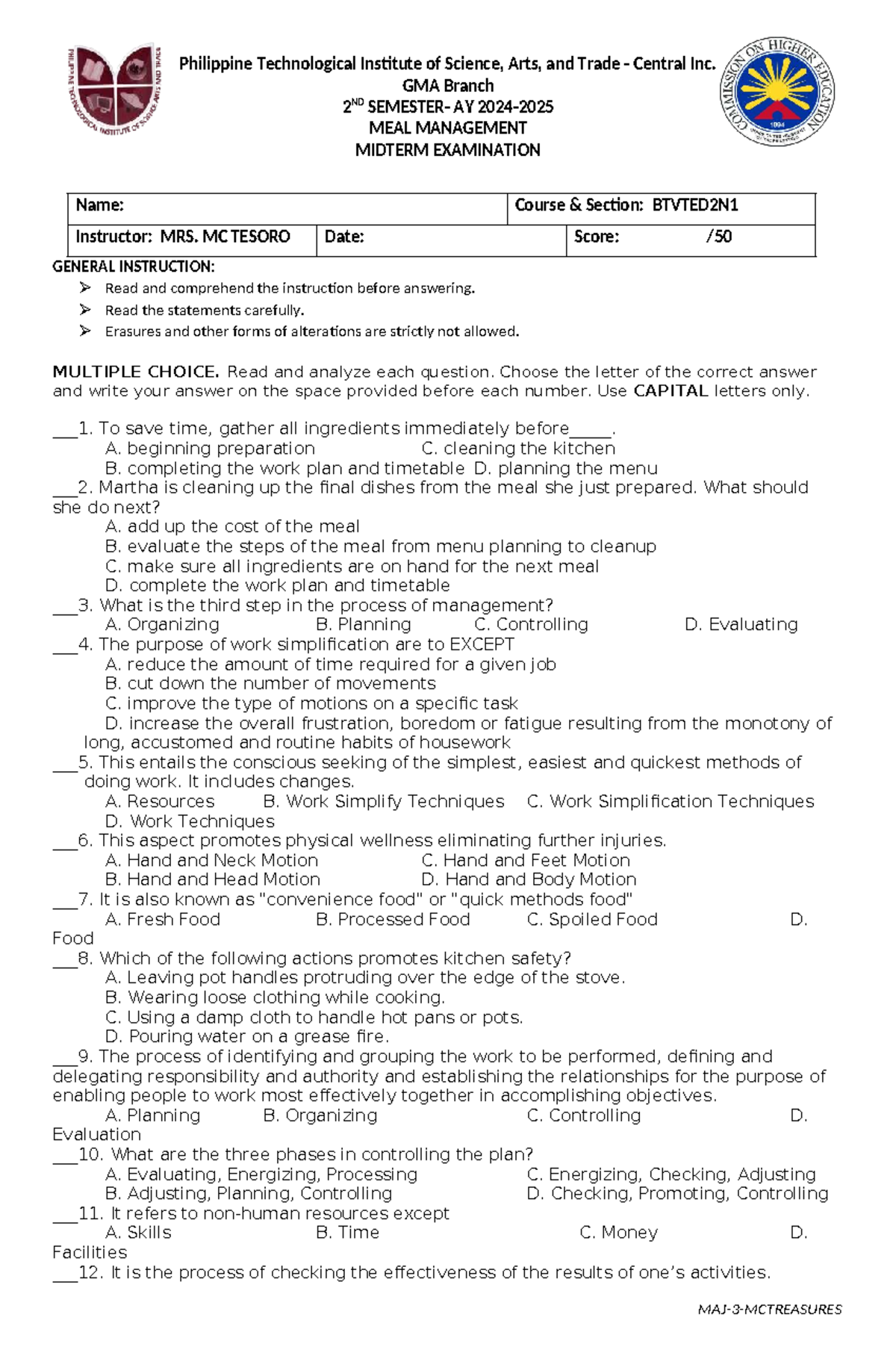 BTVTED2N1 Meal Management Midterm Exam Reviewer - Major 3 - Studocu