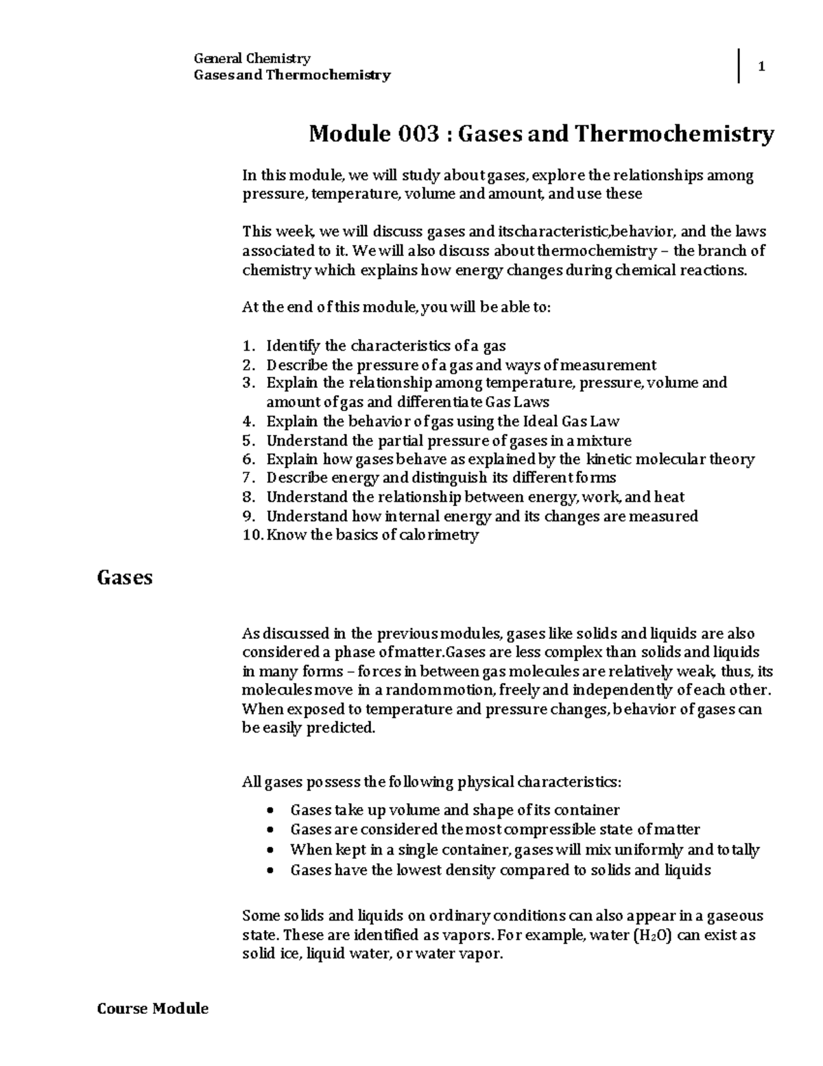 Lesson 3: Gases and Thermochemistry - General Chemistry Module 003 ...