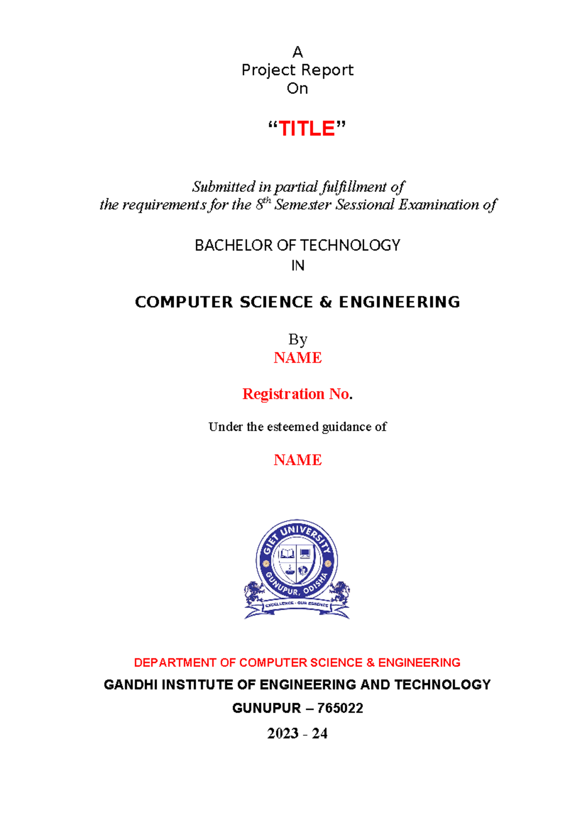 BTech CSE Project Report Front Page & Certificate Template 2023-24 ...