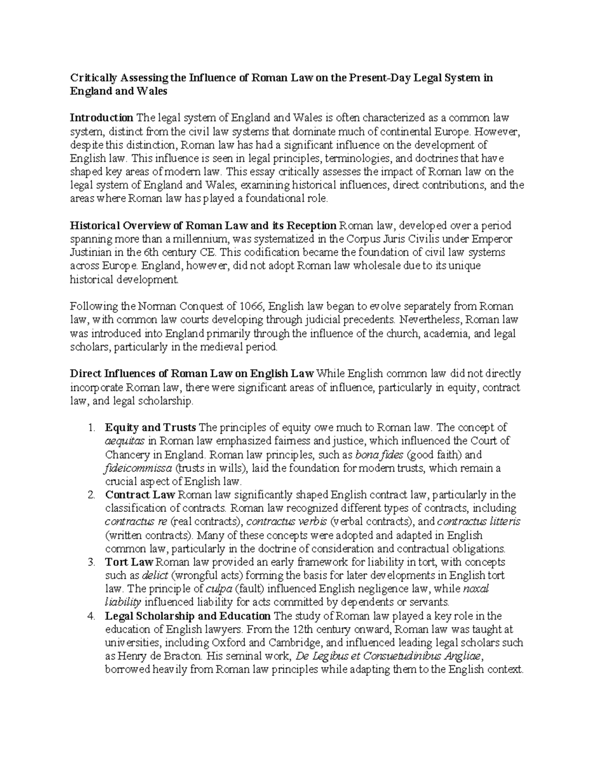 Critical Analysis of Roman Law's Influence on English Legal System ...