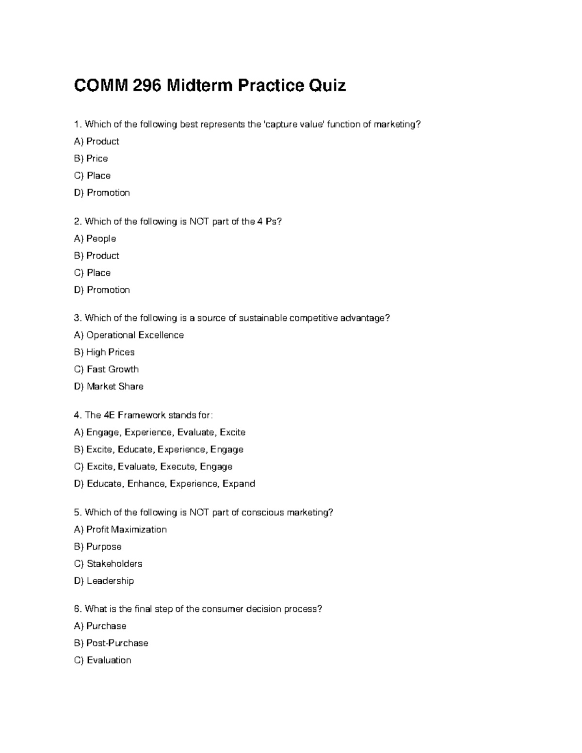 COMM 296 Midterm Practice Quiz 1: Marketing Concepts & Strategies - Studocu