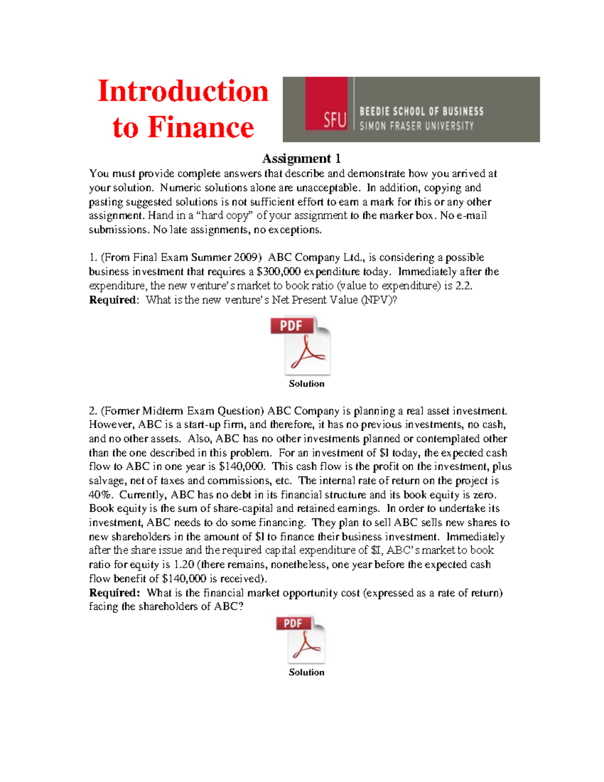 FINC 101: Introduction to Finance Assignment 1 Solutions - Studocu