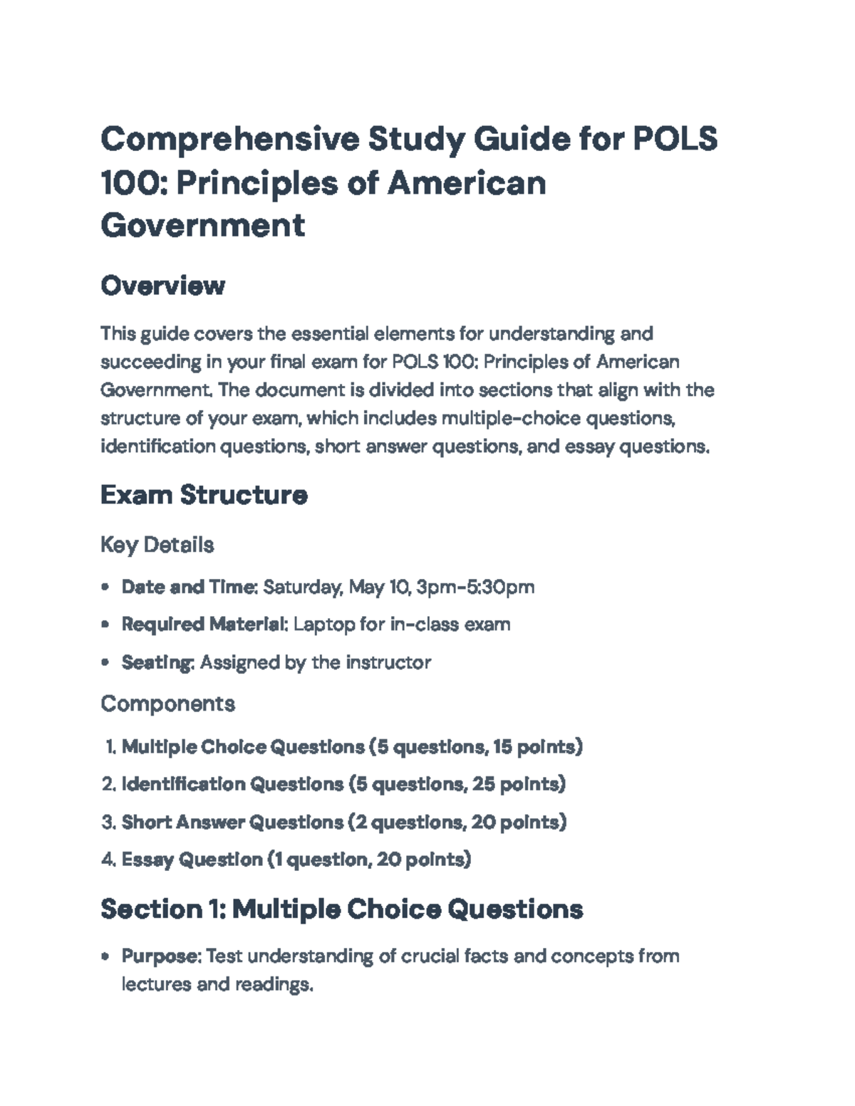 Final Exam Study Guide for POLS 100: Principles of American Government ...