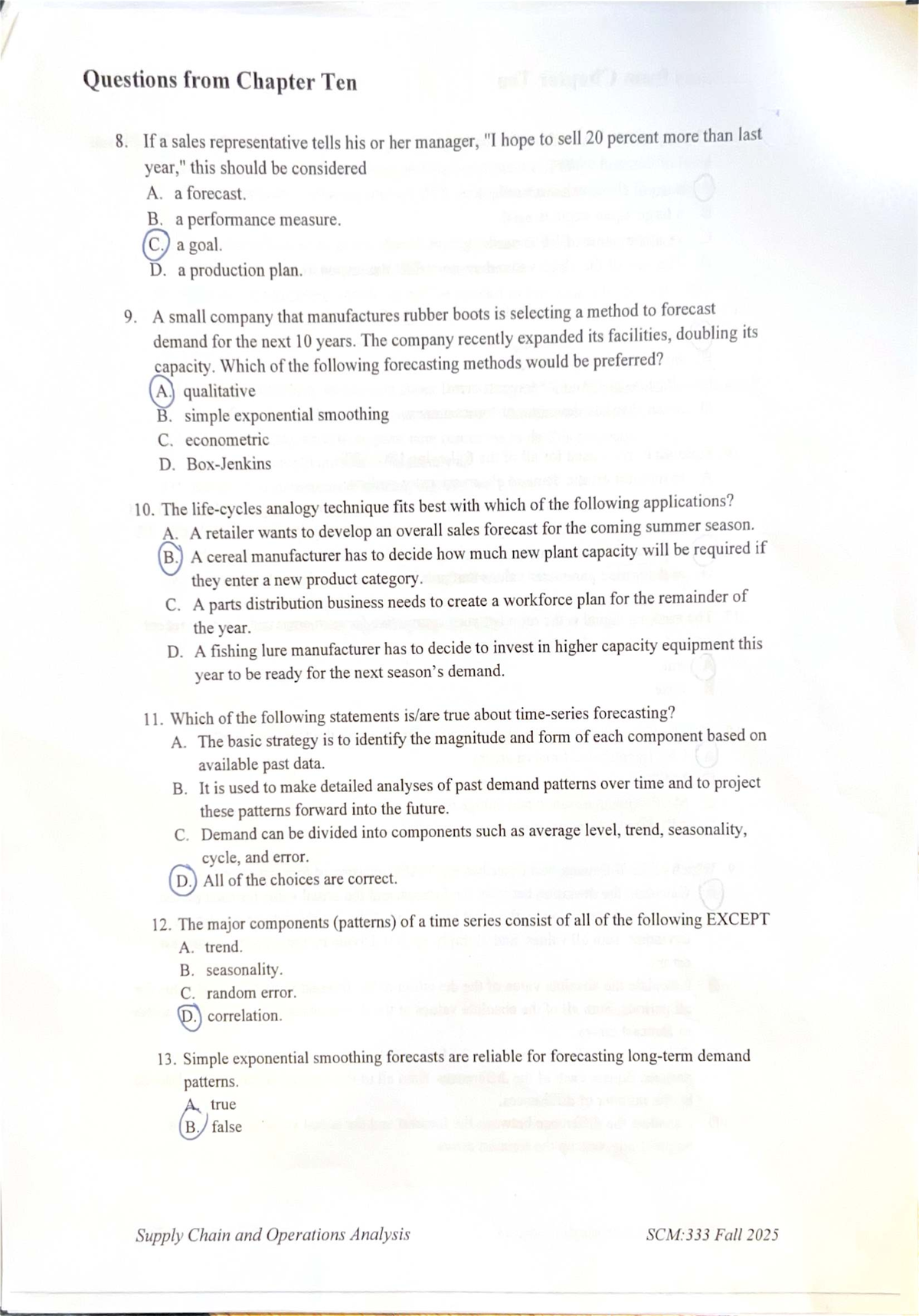 Supply Chain and Operations Analysis Fall 2025: Chapter Ten Questions ...