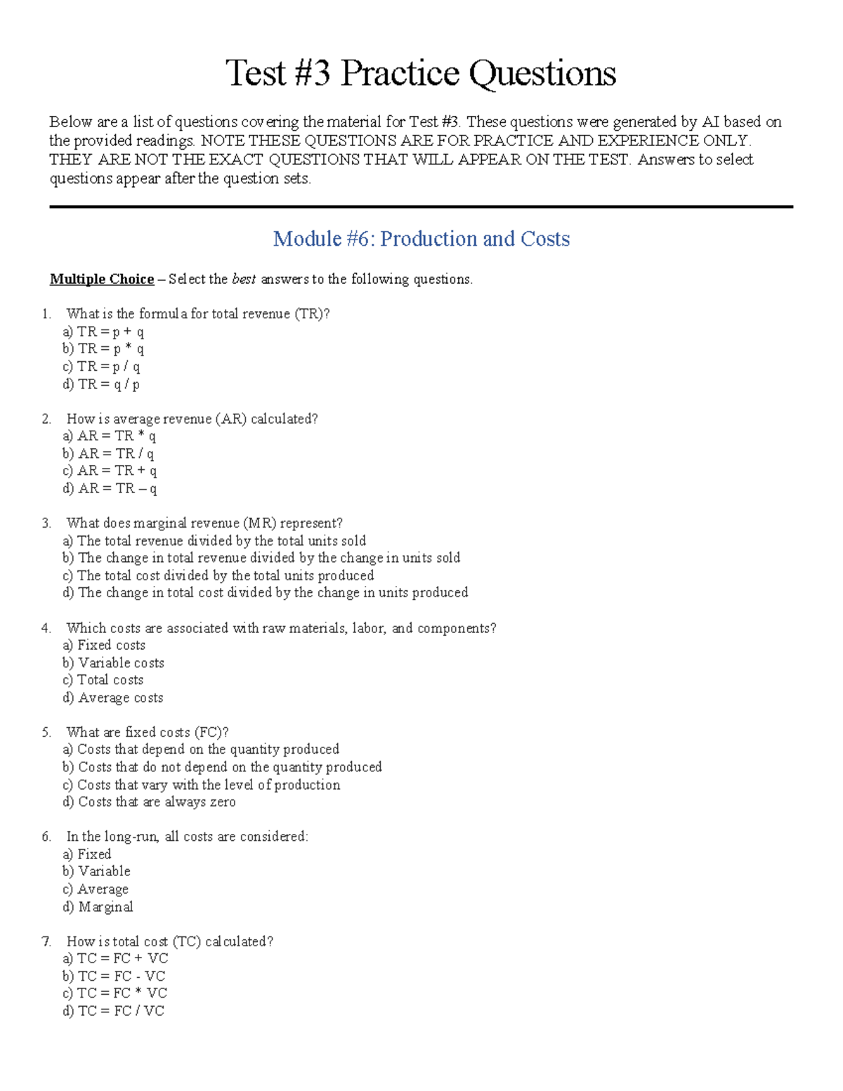 Economics 106: Production and Costs - Practice Questions for Test #3 ...