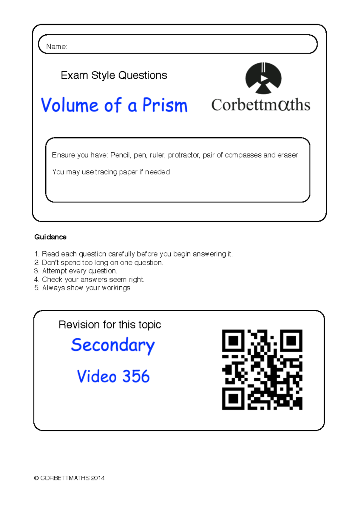Volume of Prisms: Exam Style Questions (CORBETTMATHS) - Studocu