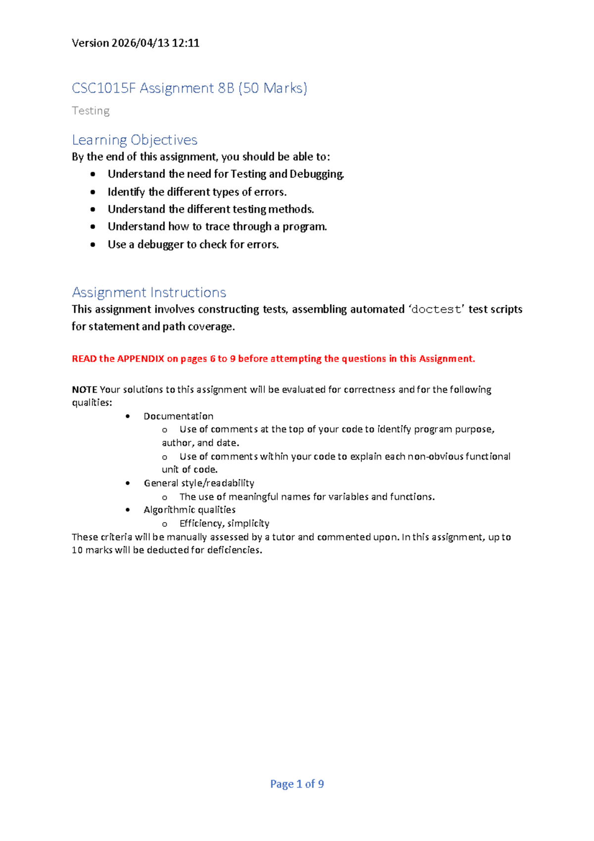 CSC1015F Assignment 8B: Testing and Debugging - Studocu