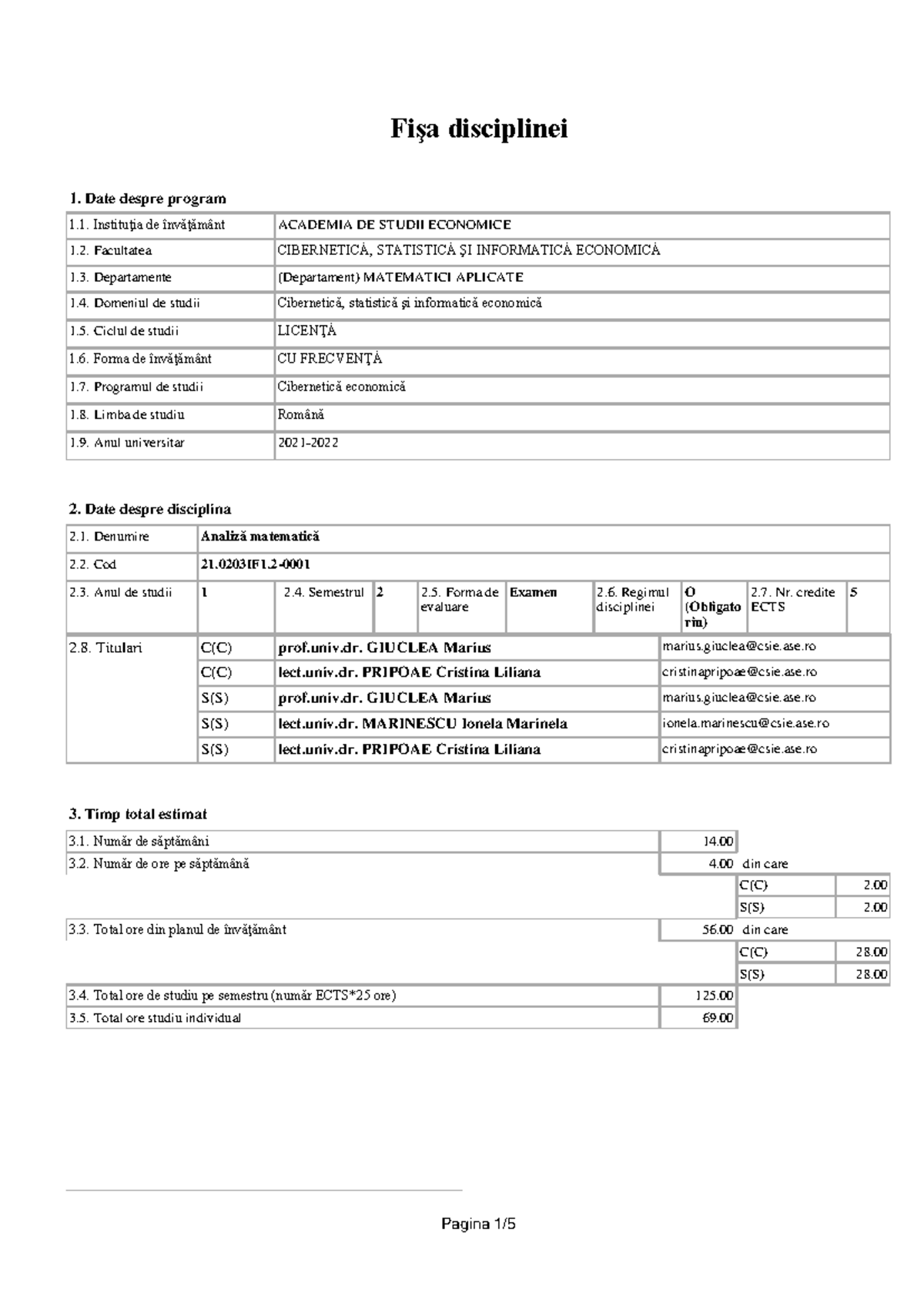 Fisa Disciplina MATEMATICI APLICATE - Anul 1, Semestrul 2 - Studocu