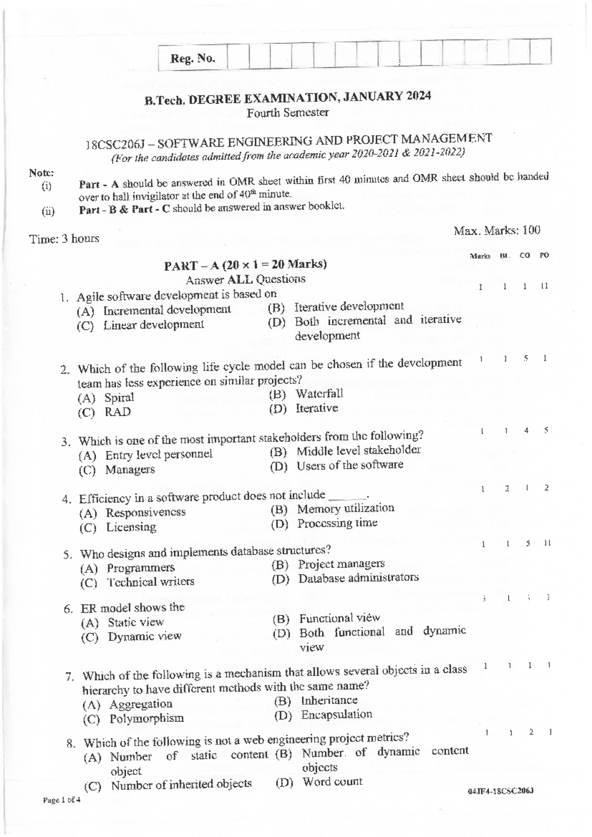 18CSC206J Software Engineering & Project Management Exam Paper - Jan ...