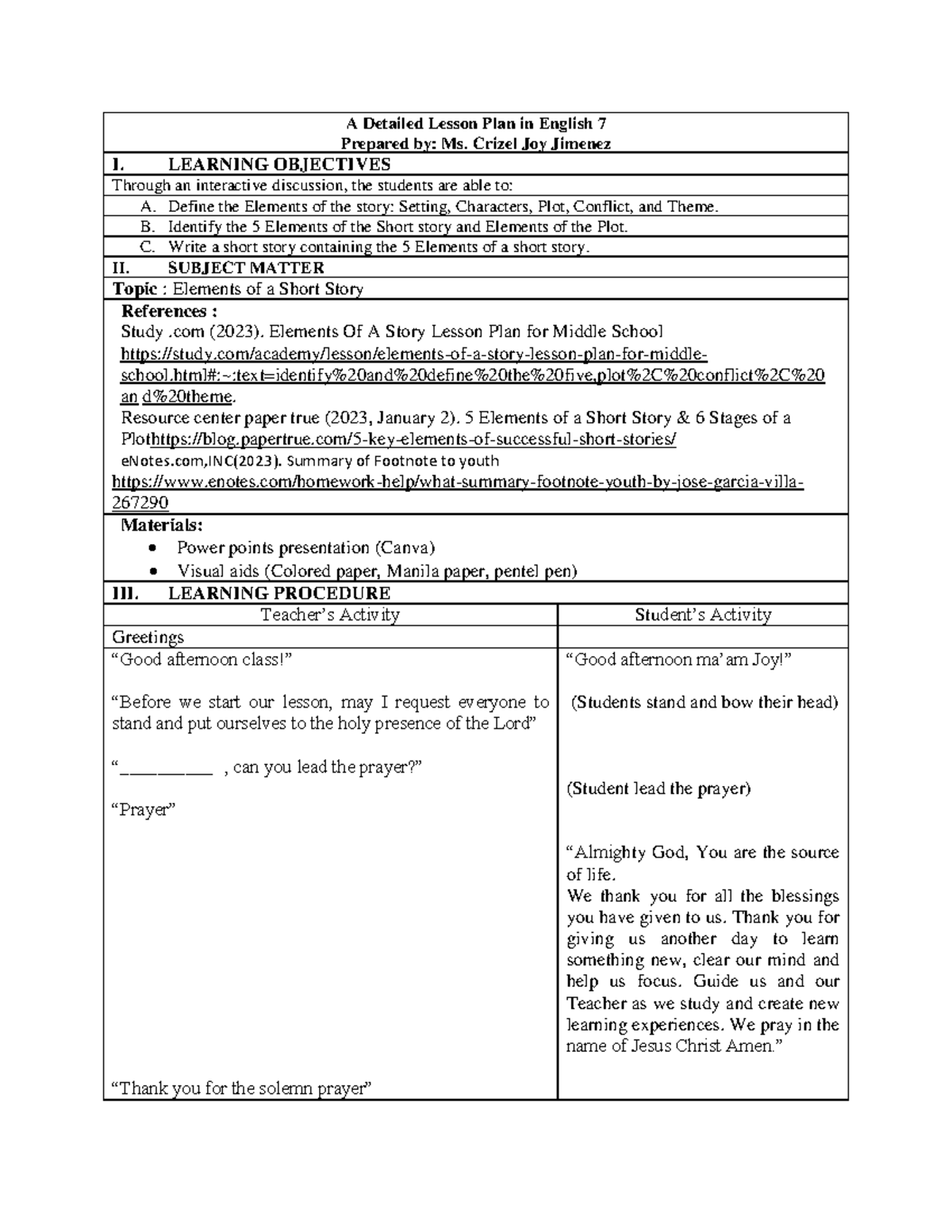 DLP 7 Final - Lesson Plan on Elements of a Short Story - Studocu