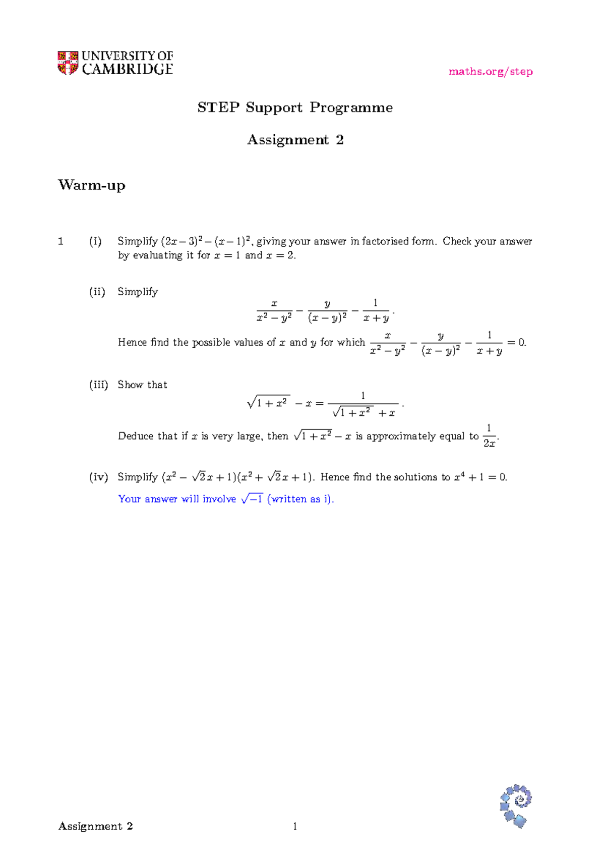 STEP Support Programme Assignment 2: Simplification & Analysis Tasks ...