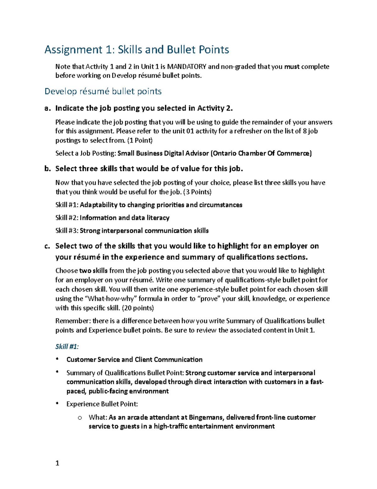 Assignment 1: Skills and Bullet Points for Résumé Development - Studocu