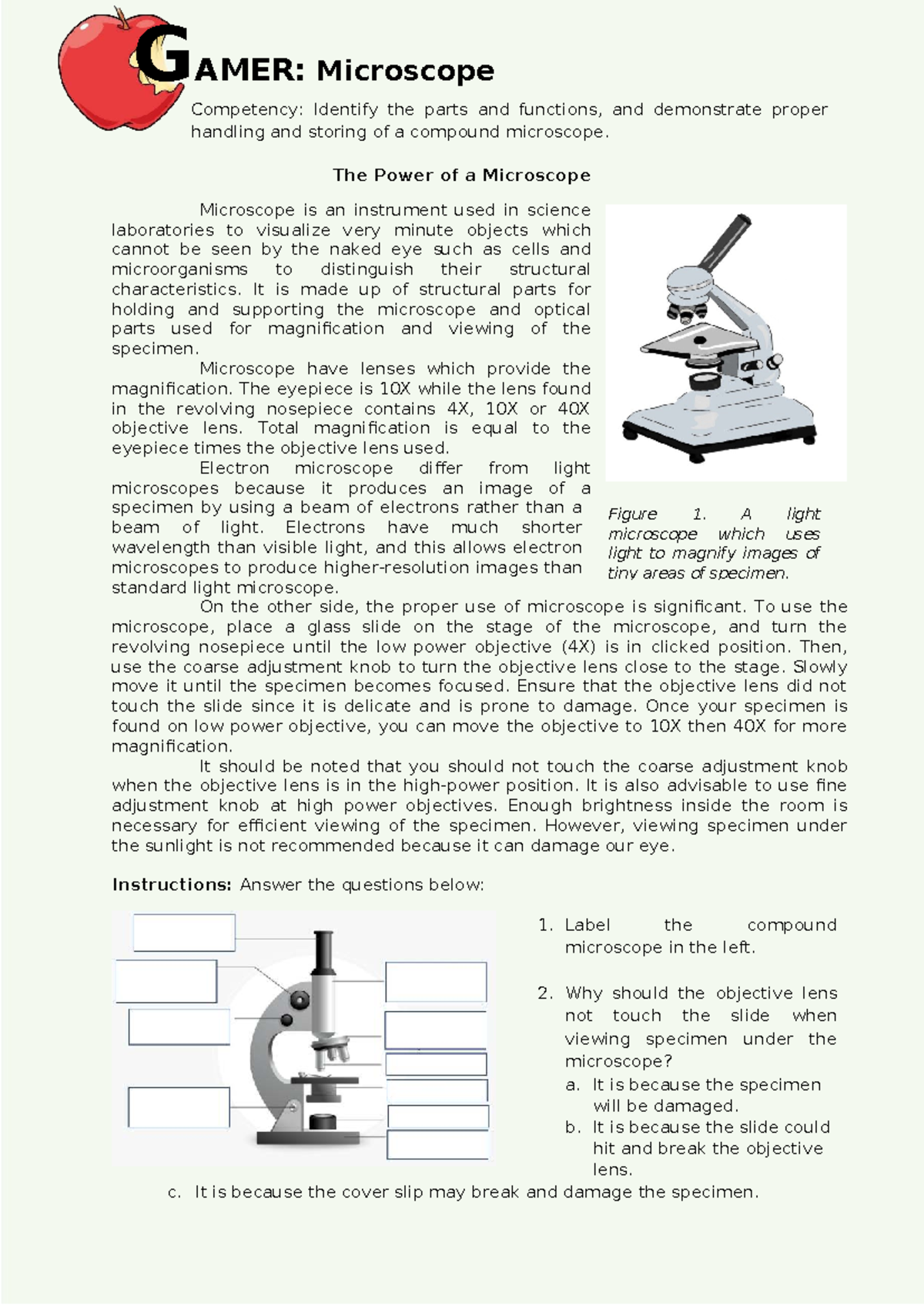 GAMER: Microscope Competency - Parts, Functions, and Proper Handling ...