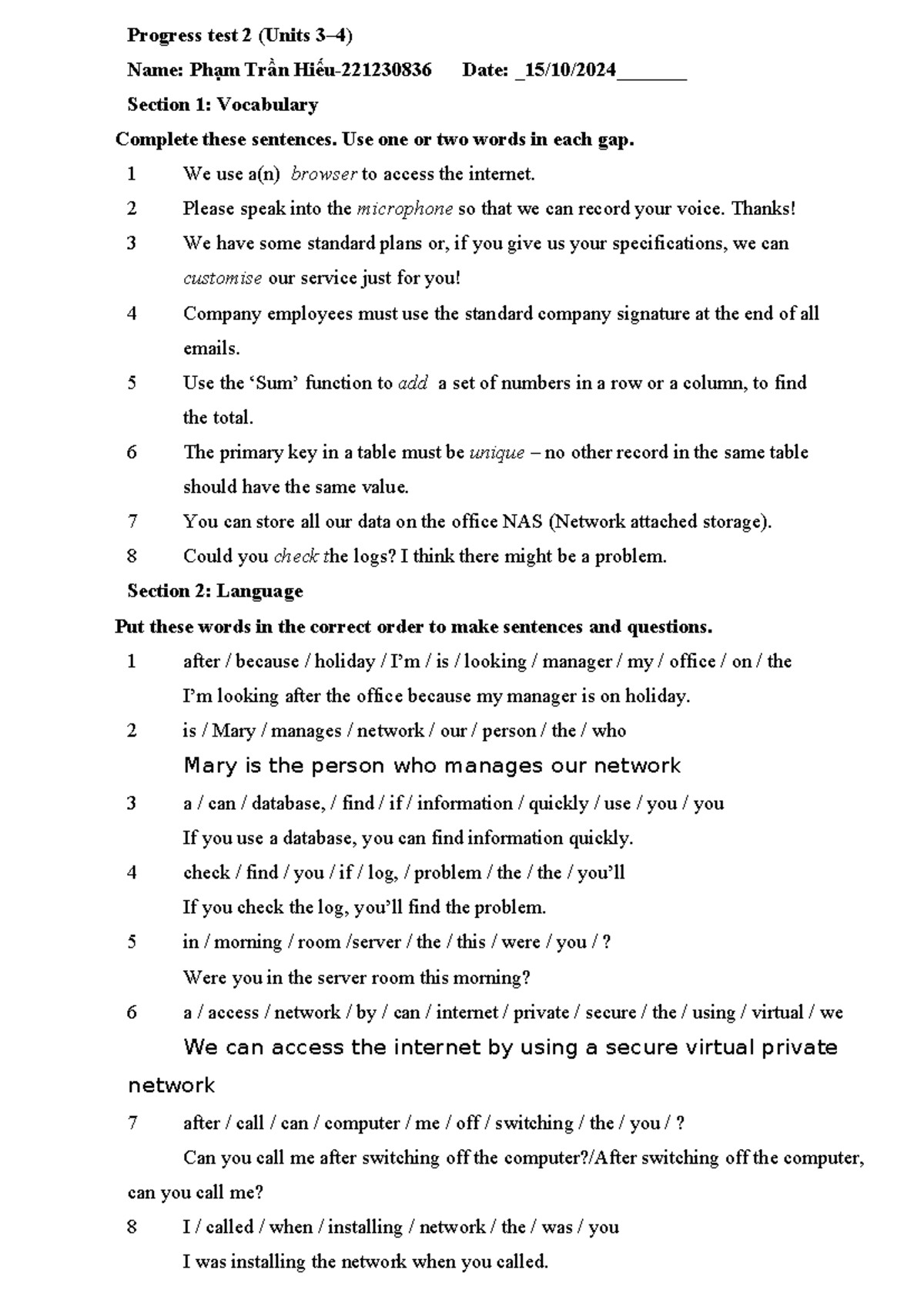 Progress test 2 - aaa - Progress test 2 (Units 3–4) Name: Phạm Trần ...