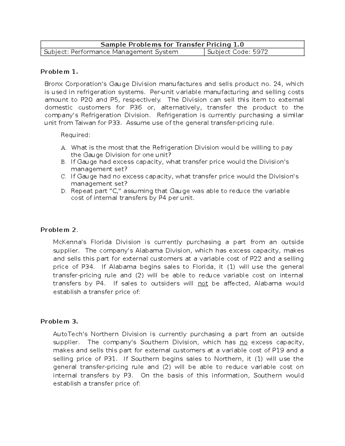 Sample Problems for Transfer Pricing - Subject: Performance Management ...