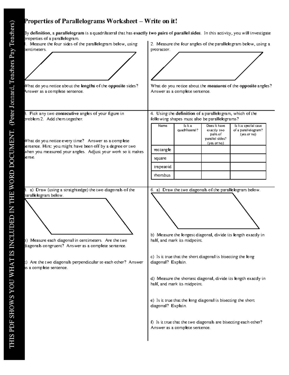 Properties of Parallelograms Worksheet (Including Answer Key) Studocu