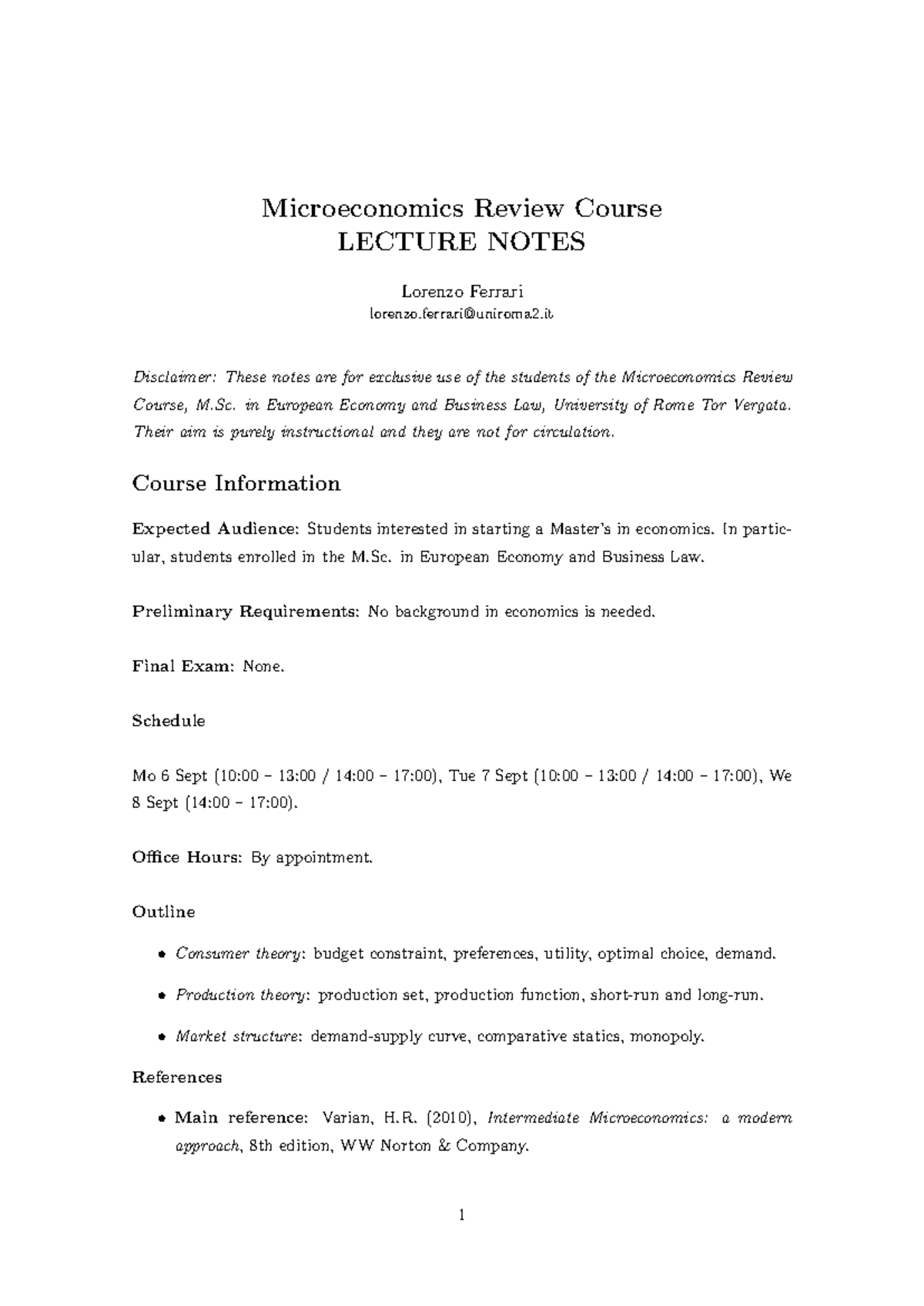 Microeconomics lecture notes EEBL 2 - Microeconomics Review Course ...