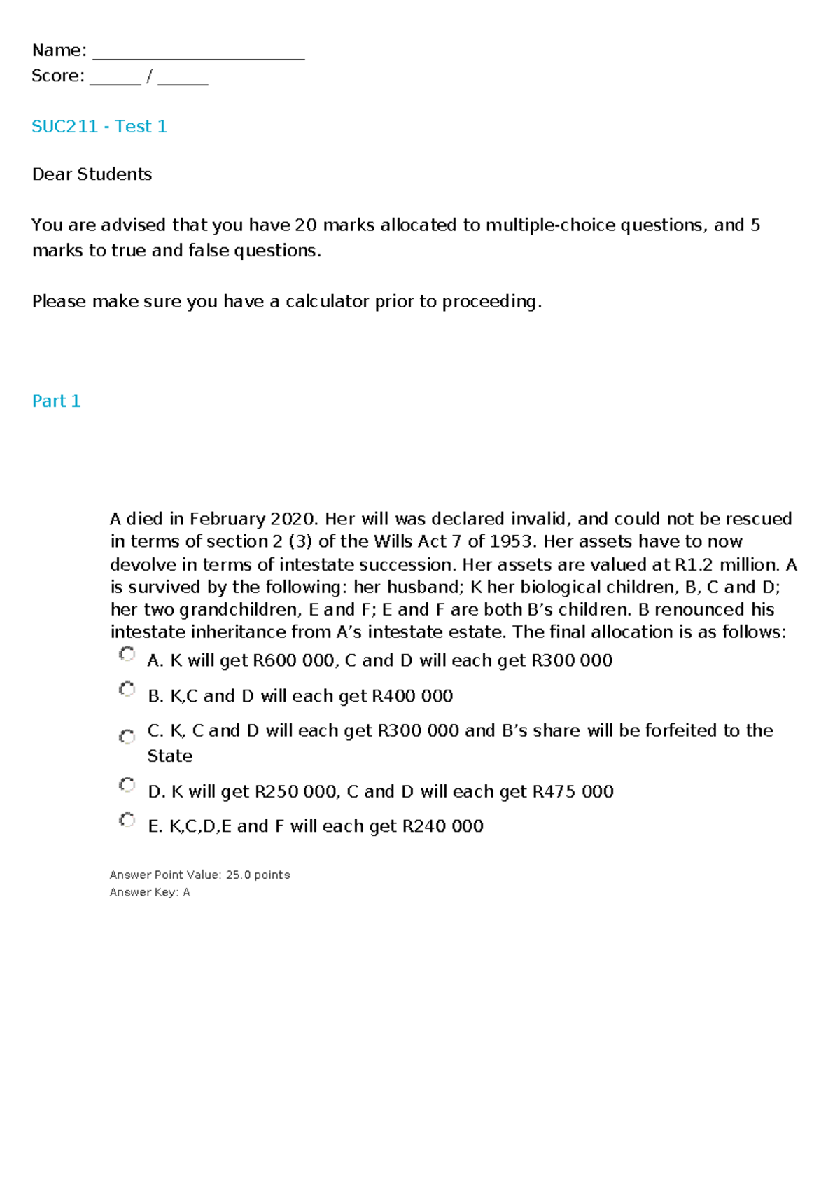 SUC211 - Test 1: Comprehensive Q&A on Intestate Succession - Studocu