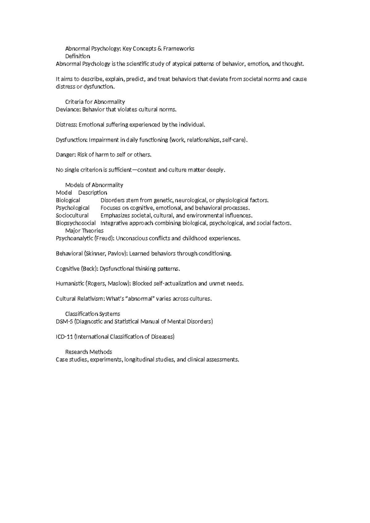 Abnormal Psychology (PSY 101): Key Concepts and Frameworks - Studocu