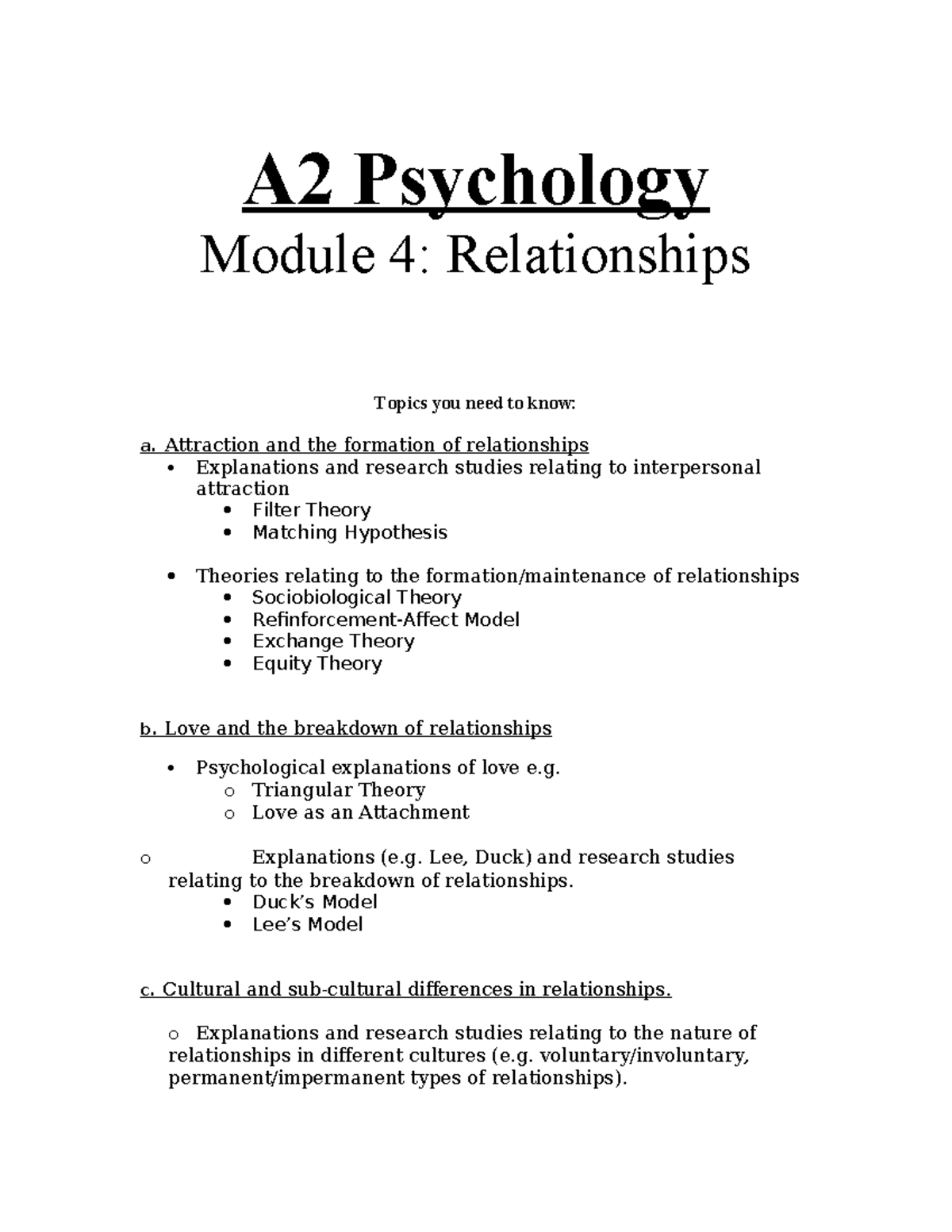 A2 Psychology Module 4: Summary of Relationships and Theories - Studocu