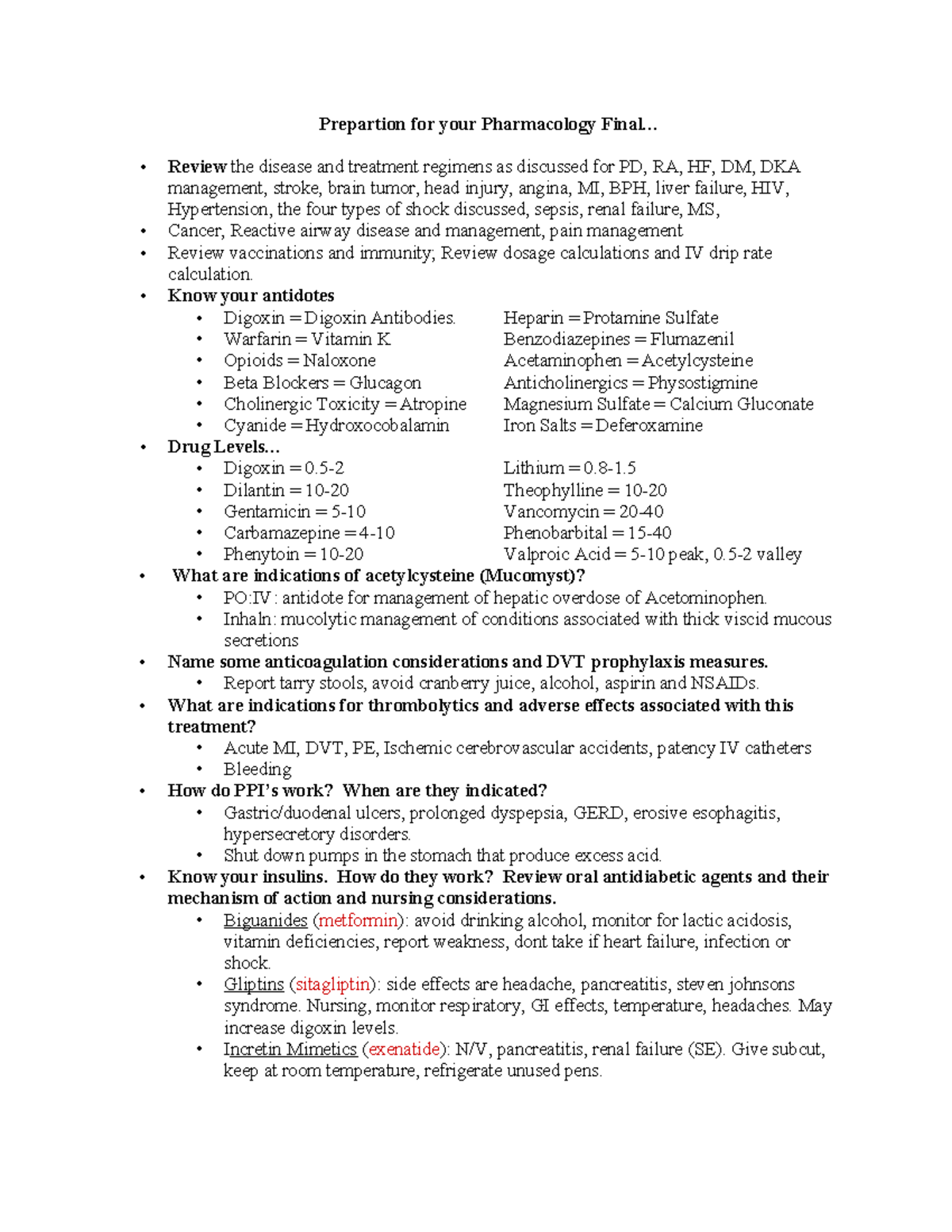 Pharmacology Final Exam Prep Key Concepts Antidote Reviews Studocu