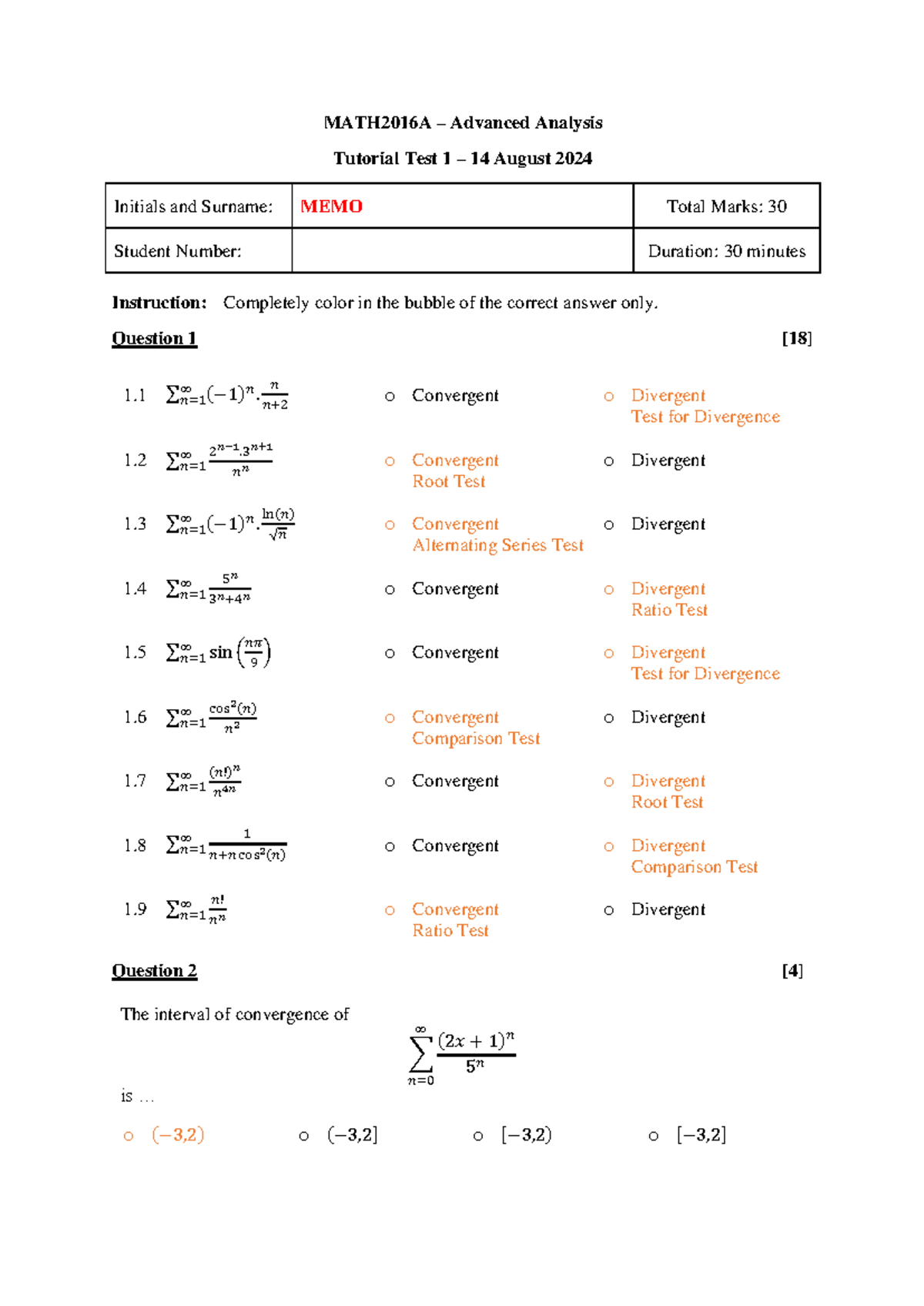 MATH2016A Advanced Analysis Tutorial Test 1 Solutions - Studocu