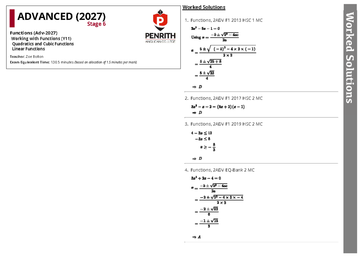 ADVANCED (2027) Stage 6 HSC Solutions: Functions & Quadratics - Studocu