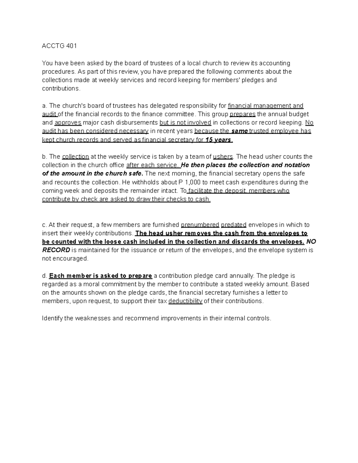 Acctg 401 - Case Study: Internal Control Review & Recommendations - Studocu