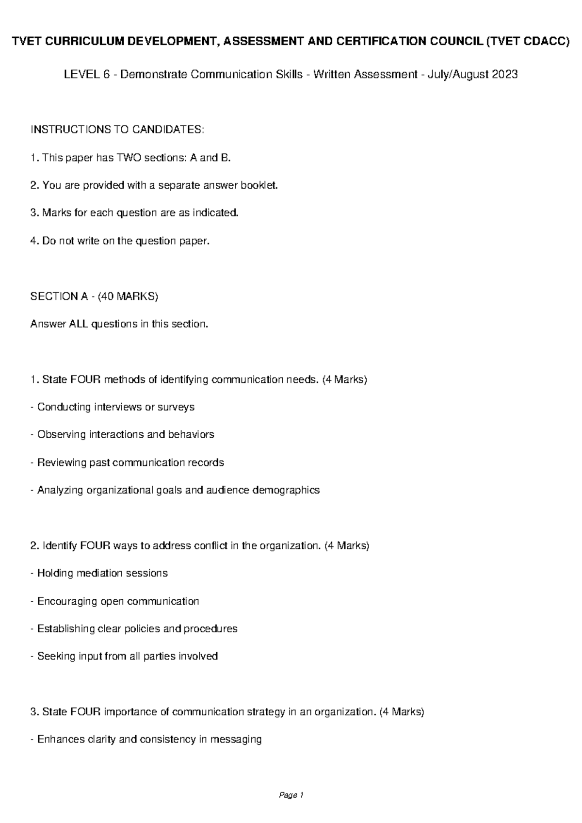TVET CDACC Level 6 Communication Skills Written Assessment 2023 - Studocu
