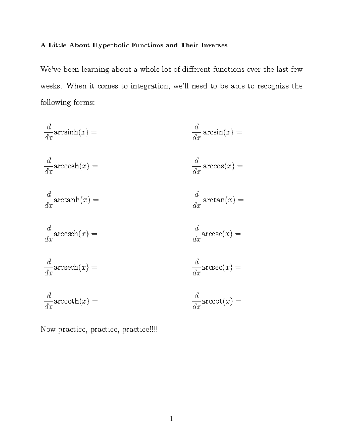 Lab 4 - Hyperbolic Functions - Key Derivatives & Example Evaluations ...