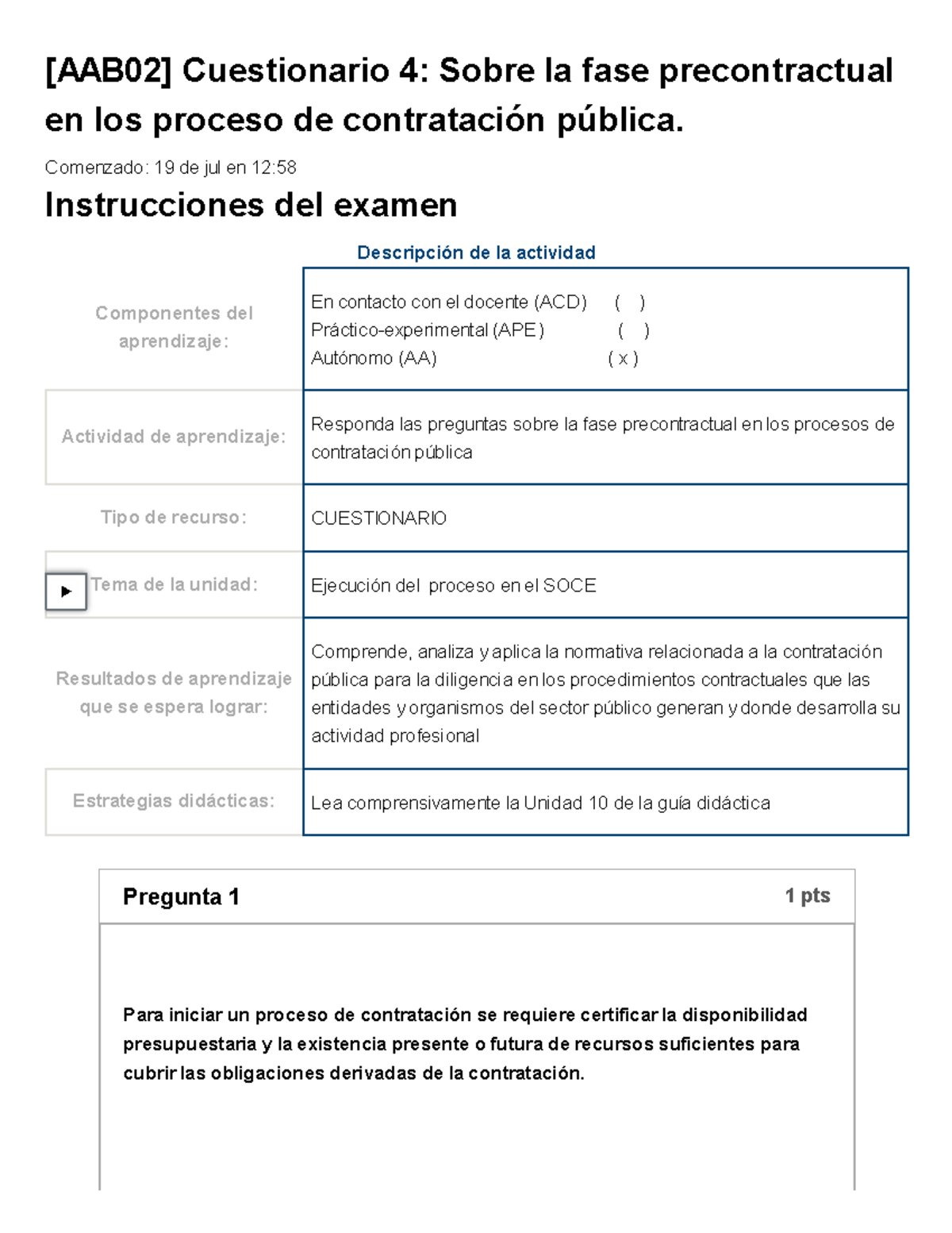 Cuestionario 4 [AAB02]: Fase Precontractual en Contratación Pública - Document Preview