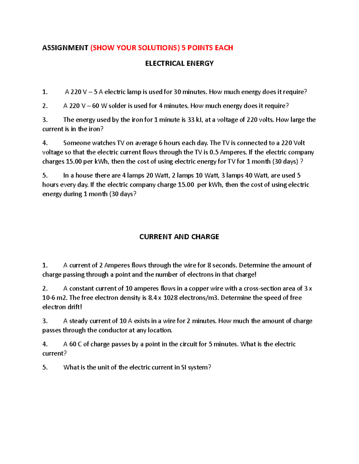 Assignment STEM 12: Electrical Energy & Current Problems Solutions ...