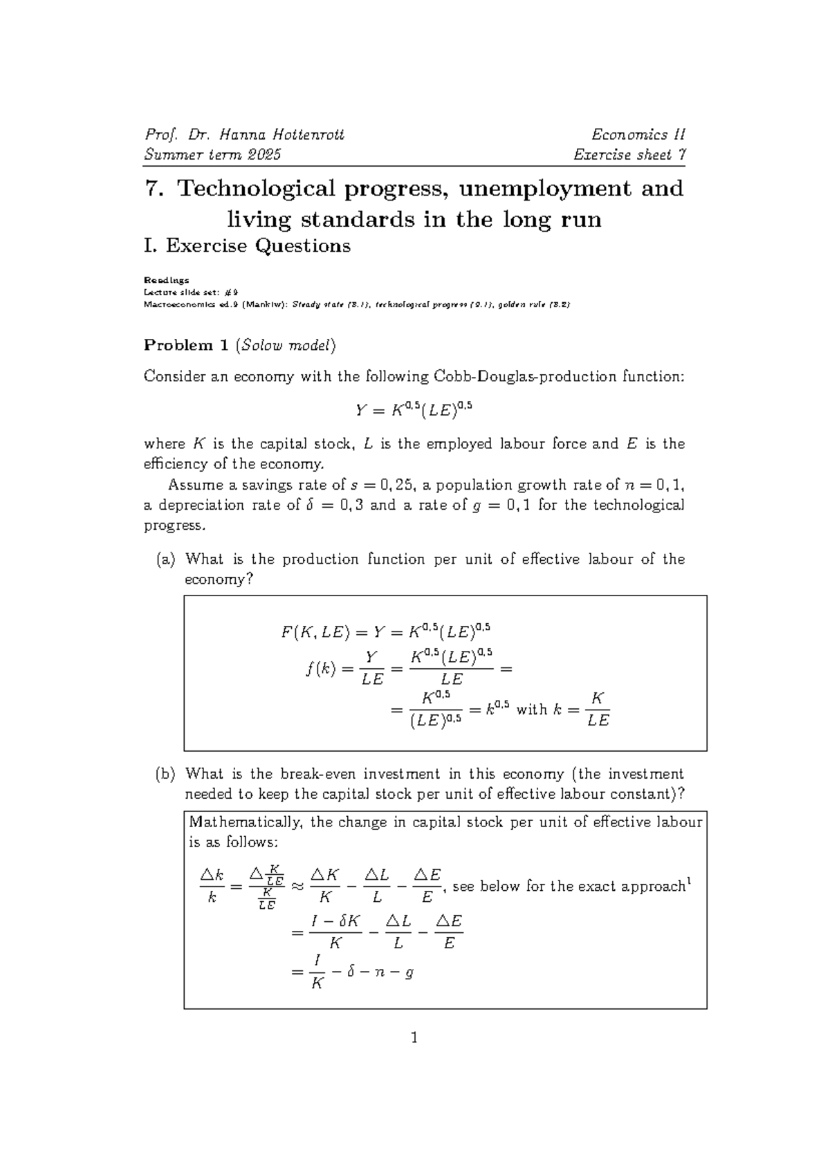 Economics II (ECO202) Summer 2025 Exercise Sheet 7 Solutions - Studocu