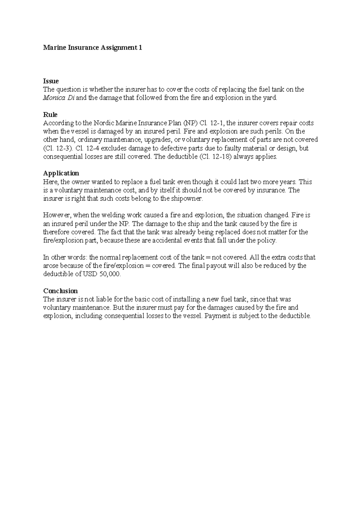 Marine Insurance Assignment 1: Fuel Tank Replacement Analysis - Studocu