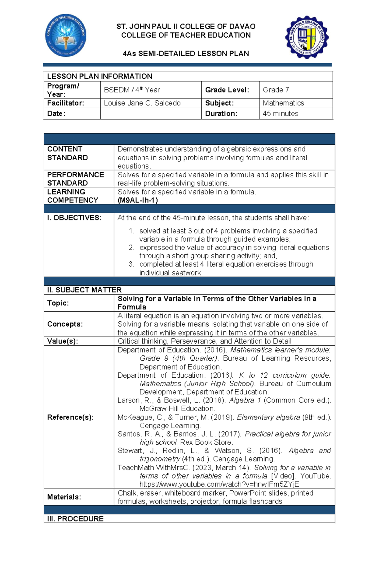 G7 LP: Solving for Variables in Formulas - Semi-Detailed Lesson Plan ...