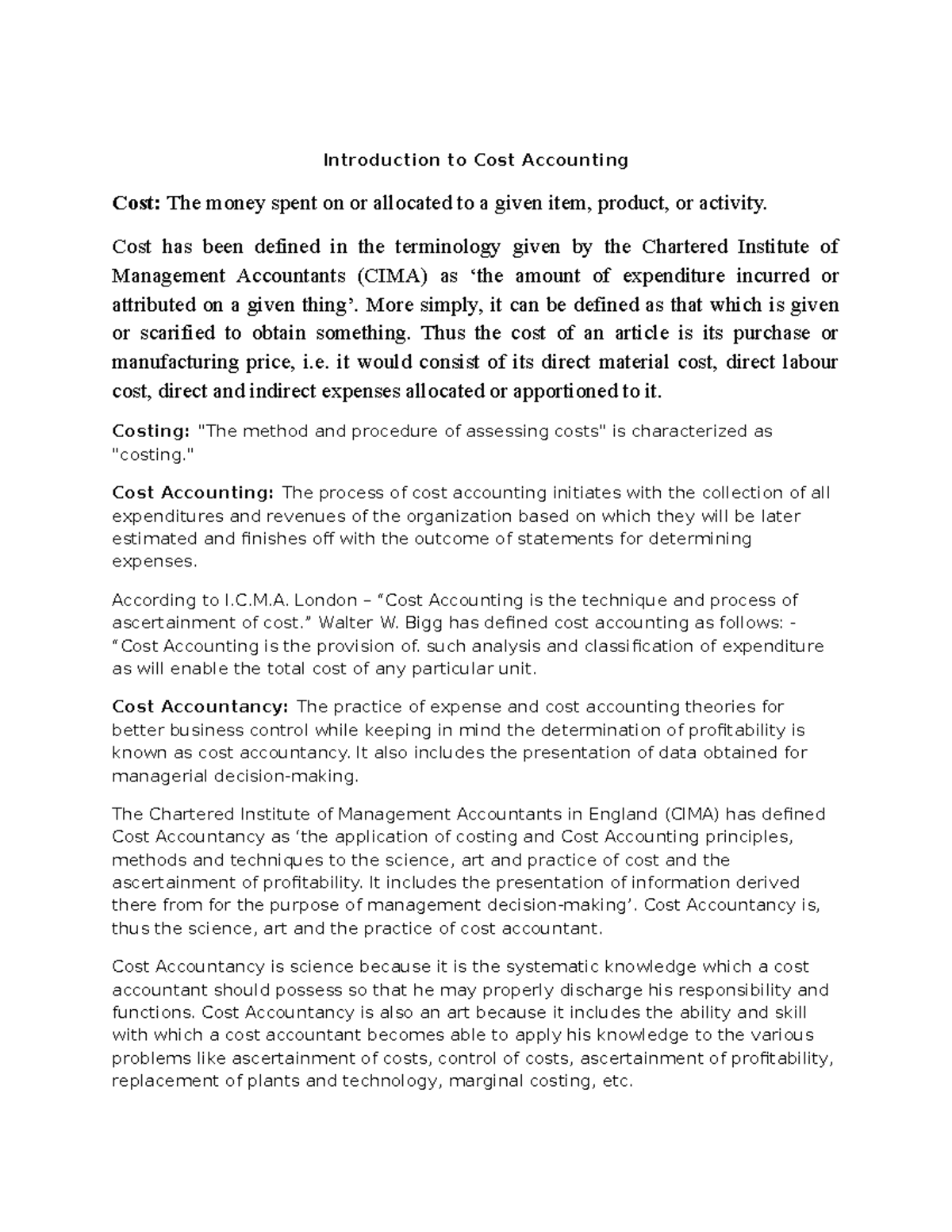 Chap 1: Intro to Cost Accounting - Concepts & Objectives Overview - Studocu