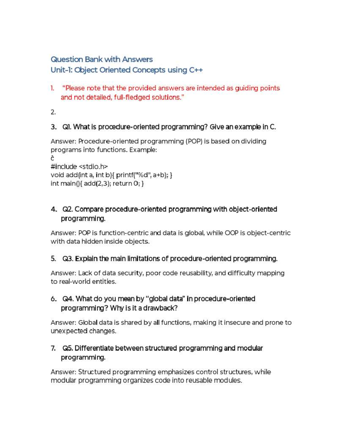 Question Bank: Object Oriented Concepts (OOP) Q&A Guide - Studocu
