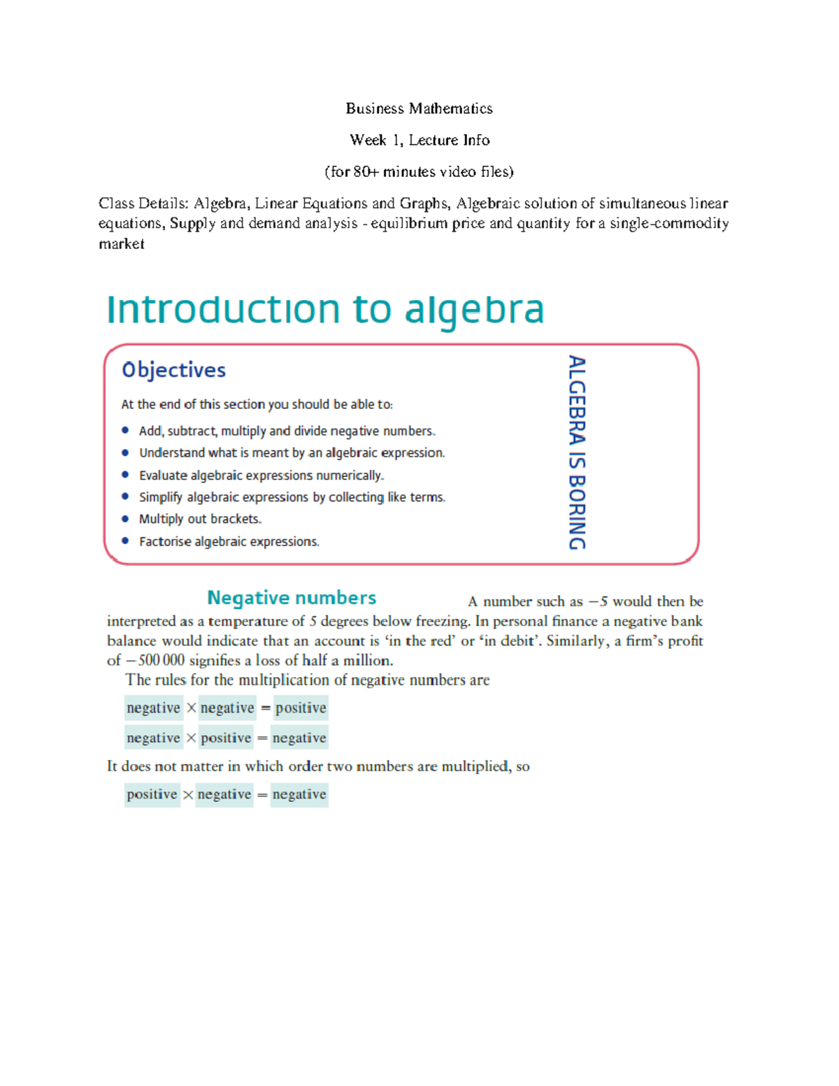 3 - Bus Math W1 Ls: Lecture on Algebra & Linear Equations - Studocu