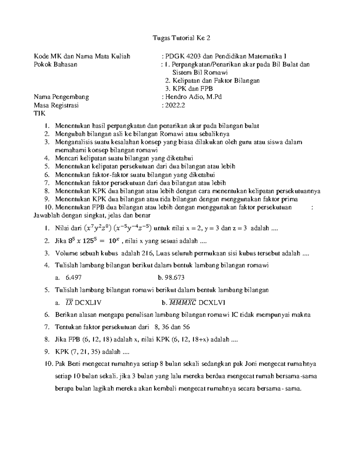 Tugas Tutorial 2 Pendidikan Matematika I Pdgk 4203 Dan Bilangan Studocu