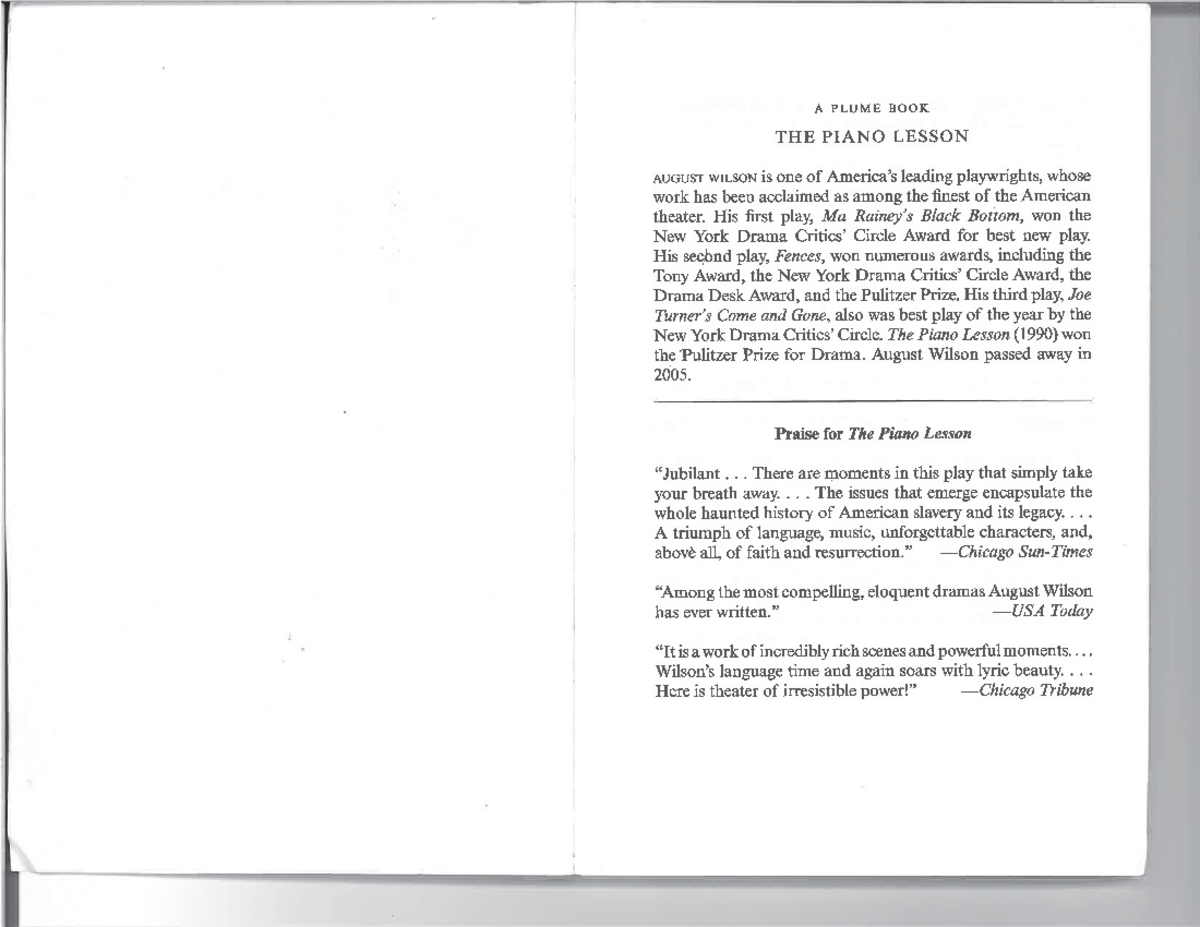 The Piano Lesson (PL 101): Script Analysis and Insightful Commentary ...