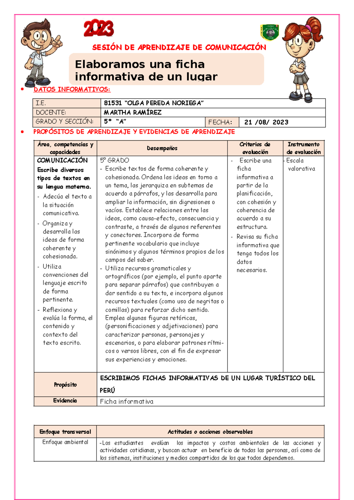 Ficha Informativa sobre un Lugar Turístico - 5° Grado COM-21AGOS - Document Preview