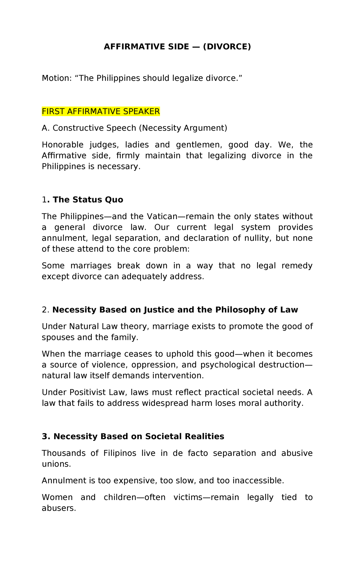 AFFIRMATIVE SIDE (DIVORCE) Motion: Legalizing Divorce in the ...