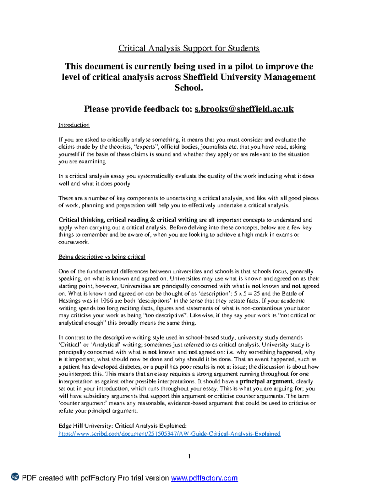 Critical Analysis Handout for Students - Final Exam Guide - Studocu