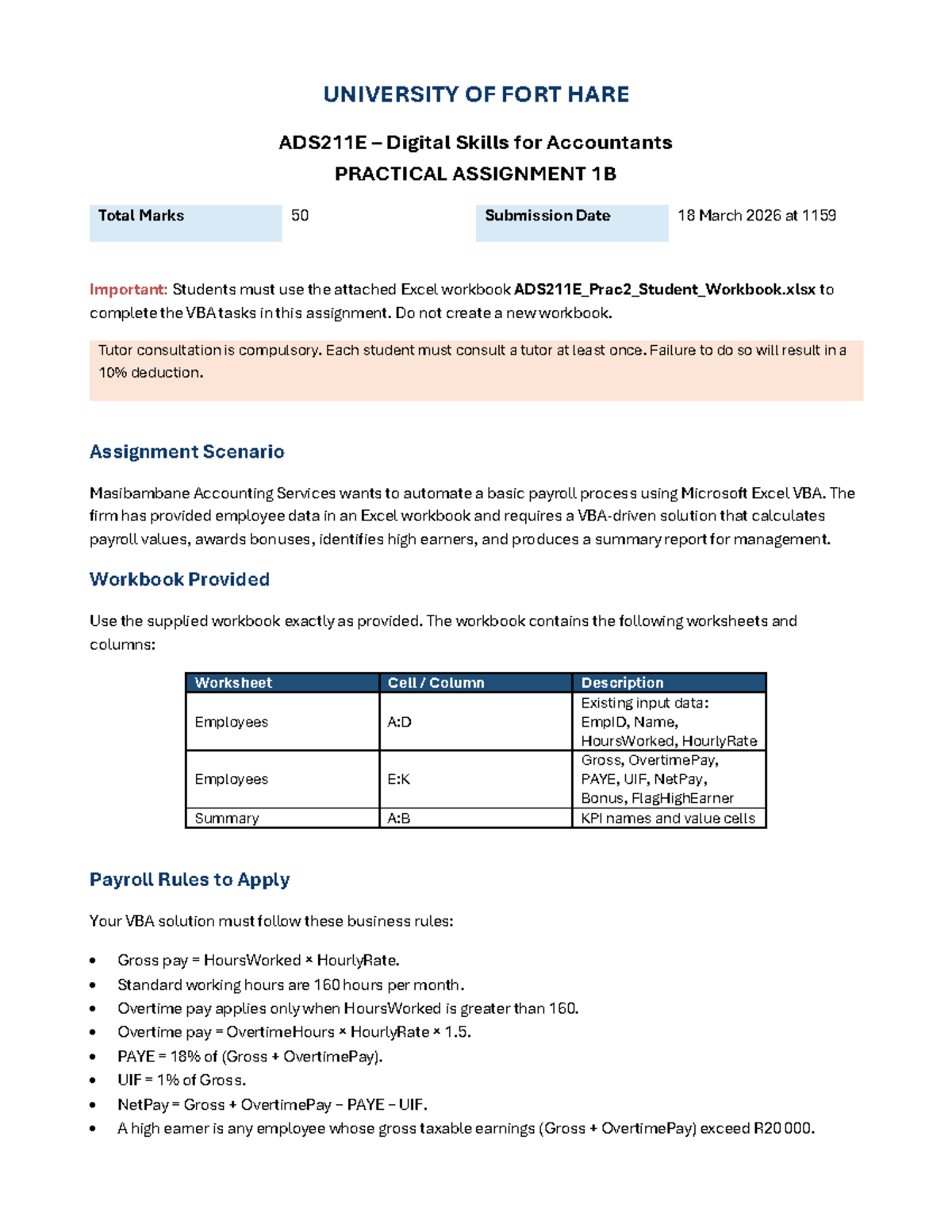 ADS211E Practical Assignment 1B: Automating Payroll with VBA - Studocu