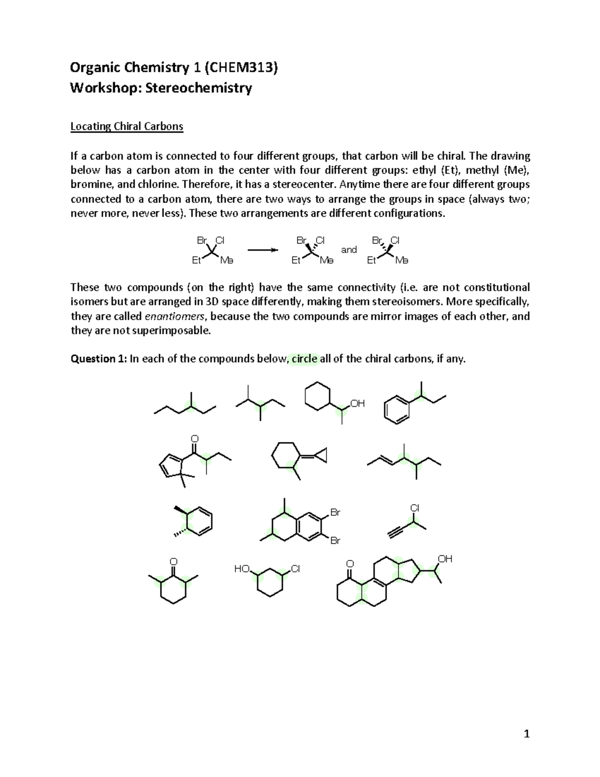 Organic Chemistry 1 (CHEM313) Workshop: Chiral Carbons ...