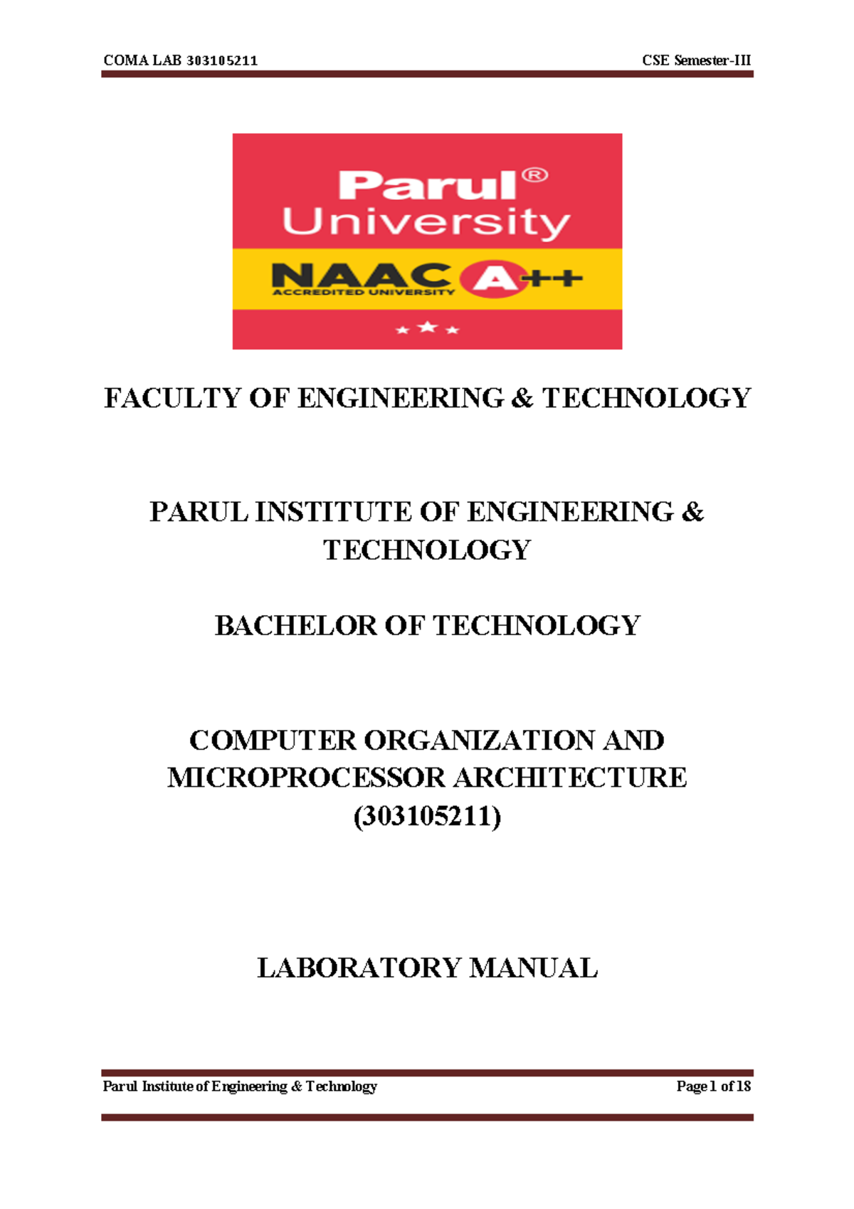 Final Microprocessor manual - FACULTY OF ENGINEERING & TECHNOLOGY PARUL ...