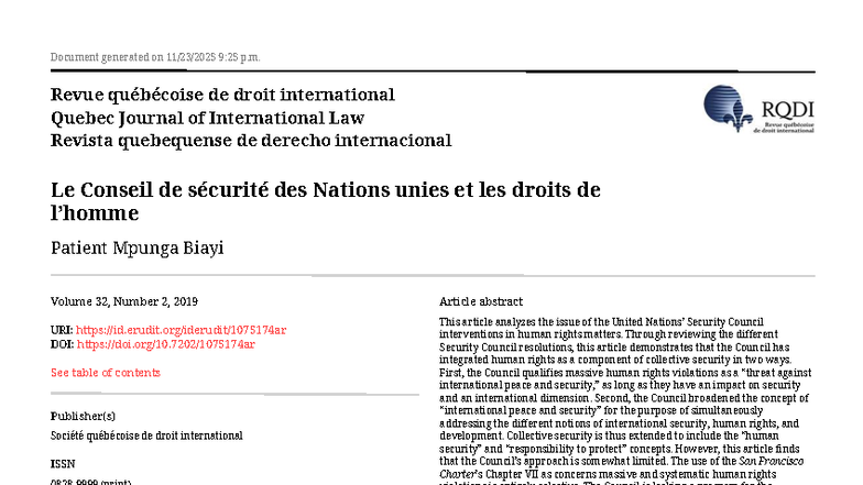 Le Conseil de sécurité des Nations Unies et les droits humains - Revue ...