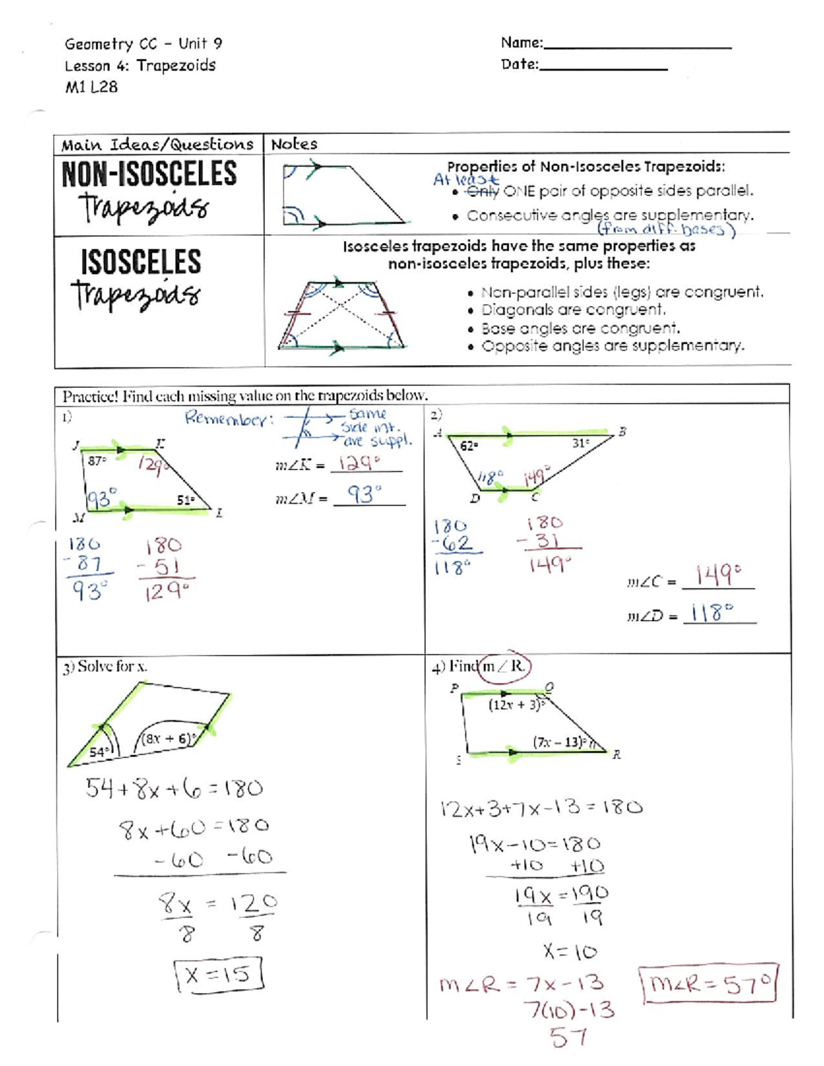 Geometry CC Unit 9: Lesson 4 - Properties and Practice on Trapezoids -  Studocu, image size:1200x1553