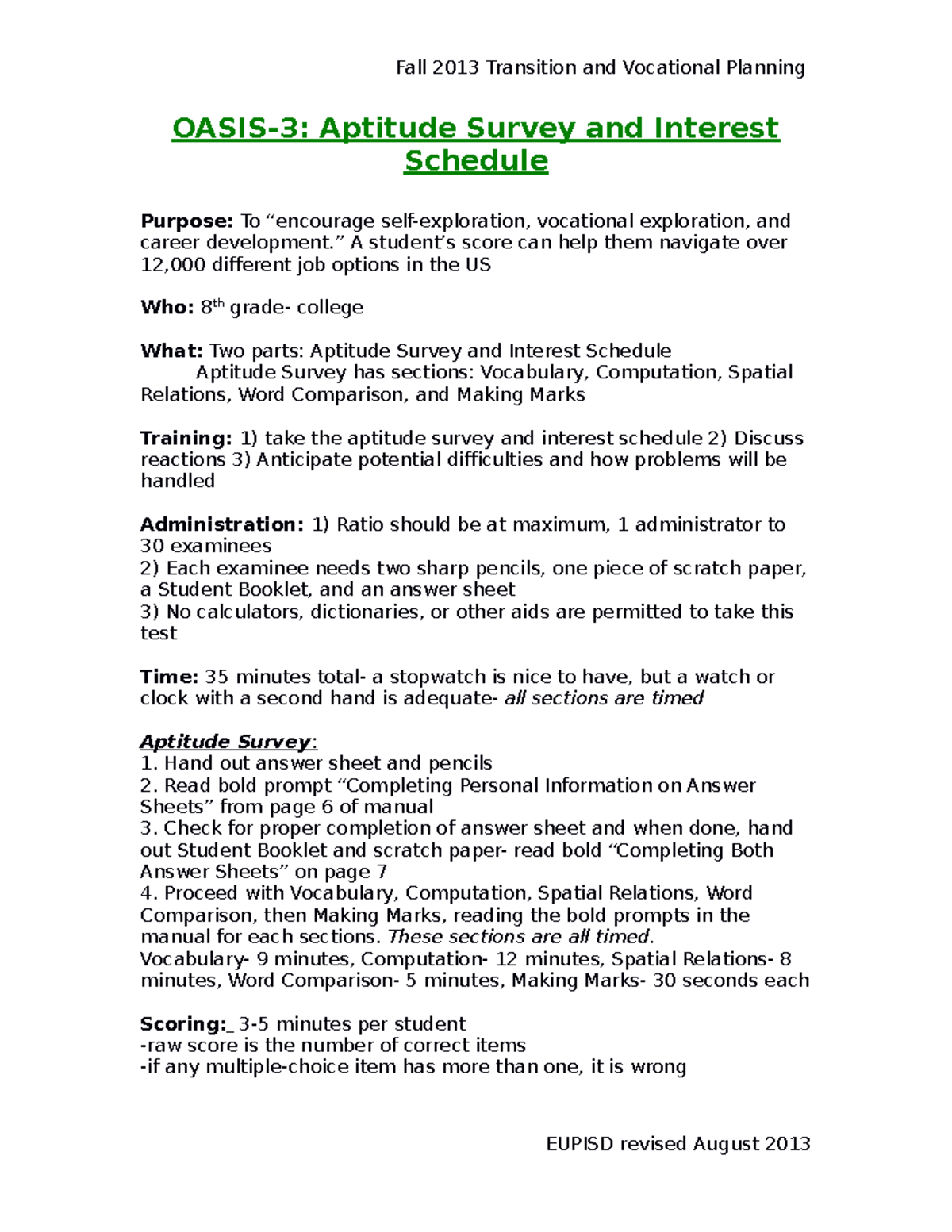 OASIS-3 Aptitude & Interest Survey Summary - Fall 2013 Guide - Studocu